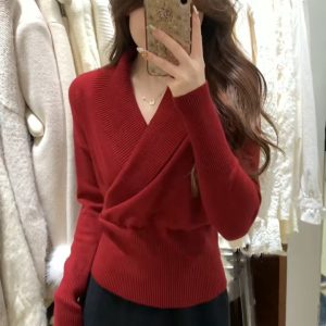Women's Cross V-Neck Knit Sweater with Waist-Defining Silhouette Winter 2026