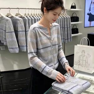 Minimalist Round Neck Jacquard Knit Cardigan for Women Loose Slimming Single Breasted Top - Style b9dcfe